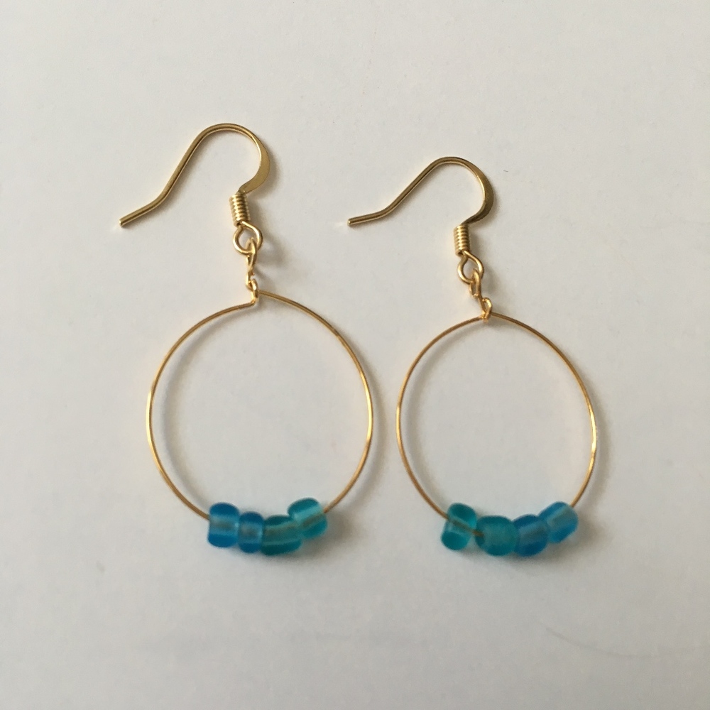 Blue Beads on Gold Hoop Earrings (#1735)